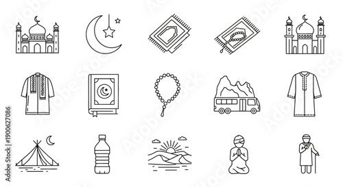 A collection of Islamic cultural icons, including mosques, the Quran, prayer beads, and traditional clothing, suitable for religious and cultural themes.