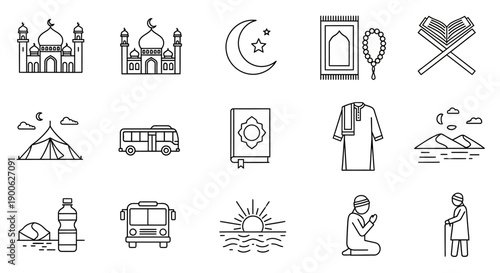 A collection of Islamic cultural and religious icons, including mosques, Quran, prayer mats, and symbols of faith and travel.