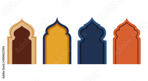Four distinct Islamic architectural archway designs in varying colors and styles, presented side-by-side against a white background.