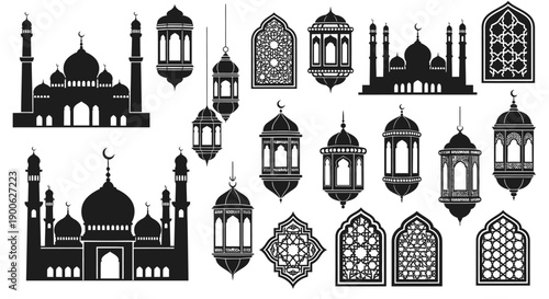Collection of Islamic architectural elements including mosques, decorative windows, and hanging lanterns, presented in a black silhouette style.