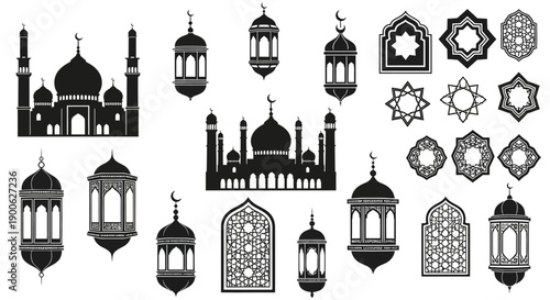 Collection of Islamic architectural elements and decorative lanterns, featuring mosques, minarets, and geometric patterns in silhouette.