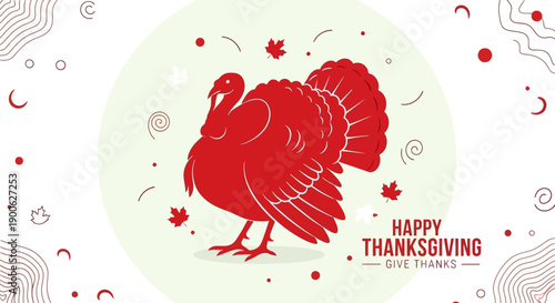 A stylized red turkey illustration with the text "Happy Thanksgiving" and "Give Thanks" on a white background.