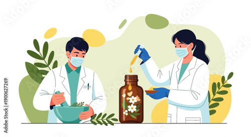 Two scientists in lab coats and masks are preparing natural remedies with plants and herbs in a laboratory setting.