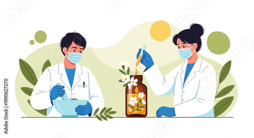 Two scientists in lab coats and masks are working with natural ingredients, one grinding herbs in a mortar and pestle, the other extracting oil from a bottle with flowers.