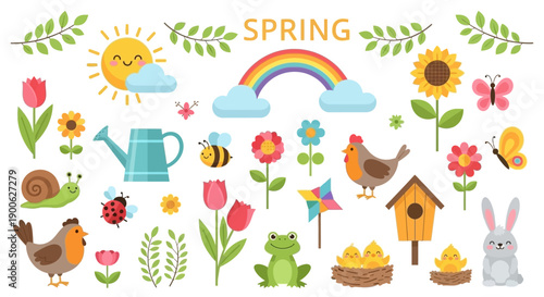 A vibrant collection of spring-themed illustrations featuring a cheerful sun, rainbow, flowers, animals, and gardening tools.