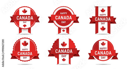 Collection of six Canada Day badges featuring the Canadian flag and maple leaf emblems.