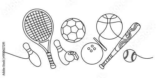 A black and white line art illustration featuring a variety of sports equipment and game items Vector, illustration