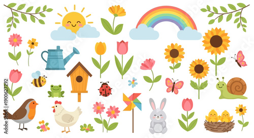 A vibrant collection of spring-themed illustrations featuring cute animals, blooming flowers, and sunny weather elements.