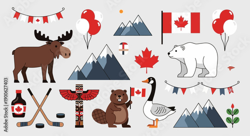 A vibrant collection of Canadian symbols and icons, including animals, landscapes, and cultural elements, celebrating Canadian identity.