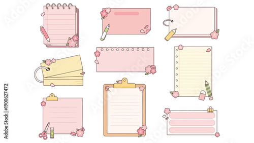 A collection of pastel colored stationery and notebooks with flowers