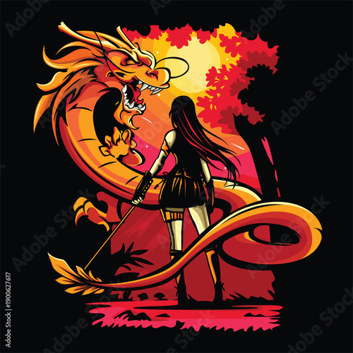 vector illustration of female swordsman facing a dragon