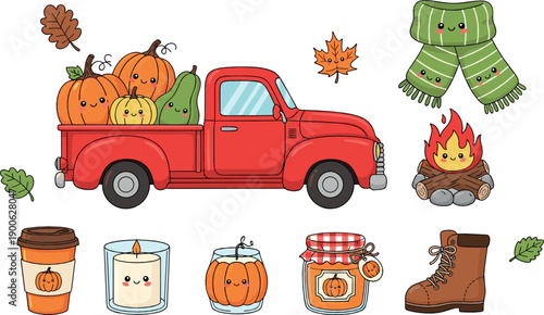 Cute autumn fall season element set with pumpkins, red truck, cozy accessories and decorations, adorable cartoon flat vector illustration for harvest and seasonal design