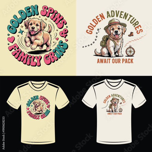 Golden Retriever dog spinning and adventuring with family text designs Keywords: golden