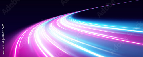 Blue and pink neon streaks flow forward, forming a luminous motion path. Radiant glow enhances fluidity and excitement. A striking accent for high-speed projects. vector