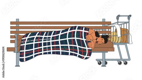 A homeless person sleeping on a bench with a shopping cart