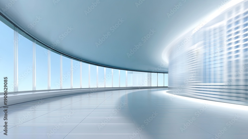 Fototapeta premium Modern architectural interior with sleek lines, large windows, and bright lighting creating an airy atmosphere in a contemporary building design