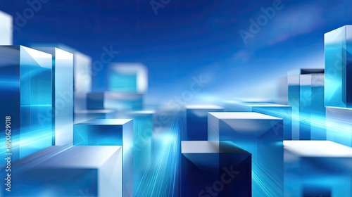 Abstract Blue Cityscape with Glass Cubes and Futuristic Elements Emphasizing Light Reflections and Depth in a Vivid Sky Background