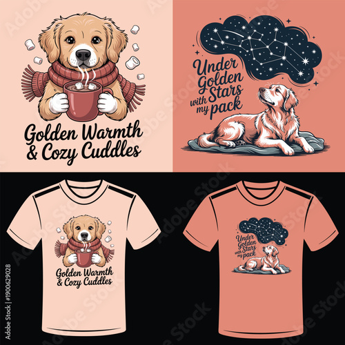 Golden Retriever wearing a scarf holding a mug with steam and text Golden Warmth Cozy Cuddles