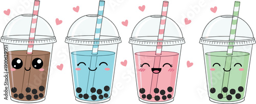 Cute bubble tea illustration set with smiling boba drinks in pastel flat vector cartoon style for cafe, dessert and kawaii design