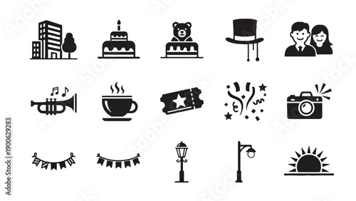 A collection of black and white icons on a white background