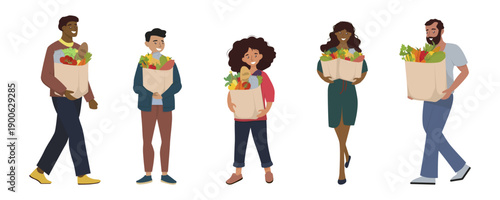 Set of vector illustrations depicting diverse people with bags full of fresh produce. A group of happy men and women with purchases for sales and promotions