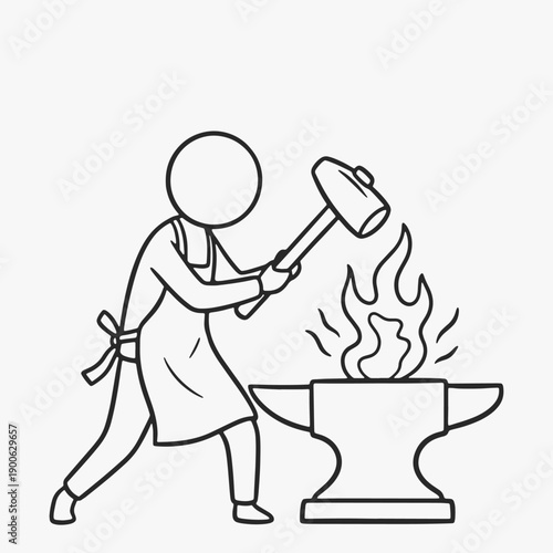 Hand-drawn doodle funny stick outline figures with a skilled blacksmith using a hammer to shape glowing metal.