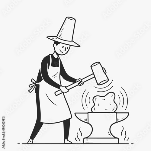 Hand-drawn doodle funny stick outline figures with a skilled blacksmith using a hammer to shape glowing metal.