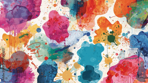 Vibrant abstract background with colorful paint splatters, splotches, and drips in a watercolor style.