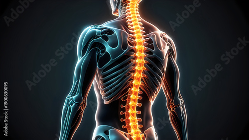 Human spine anatomy highlighted in glowing orange on dark back view background