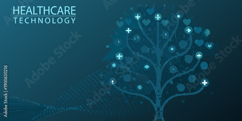 Healthcare technology concept a digital tree of life with medical symbols