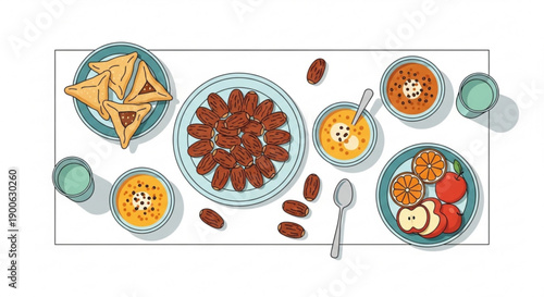 Ramadan Iftar Meal with Dates, Fruits, and Pita Bread on Table