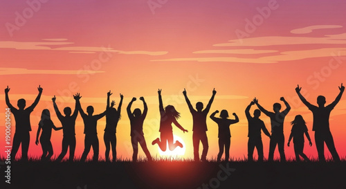 Happy People Jumping Silhouetted against Vibrant Sunset Sky
