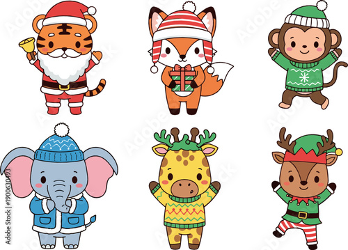Cute Christmas animal character set with tiger, fox, monkey, elephant, giraffe and reindeer, adorable cartoon flat vector illustration for holiday and kids design