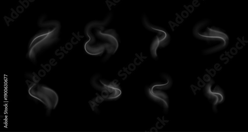 Hot steam from food or fire vector set. Smoke effect with transparency, heat vapor collection