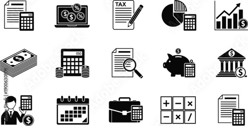 Accounting and finance icons set, tax report, calculator, banking, budget planning, financial analysis, income growth, business documents, money management, bookkeeping, vector illustration