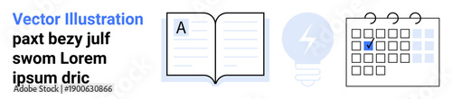Education, learning tools, time management, creativity, knowledge sharing, and scheduling. Open book, light bulb and calendar icons in minimalist style. Education and time management concepts