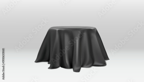 Black fabric covering podium realistic vector illustration. Table with tablecloth or pedestal draped with silk