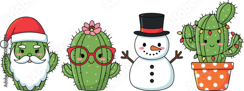 Cute Christmas cactus and snowman character set with festive accessories, adorable holiday cartoon flat vector illustration for winter, decor and kids design