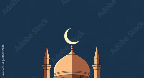 Mosque Dome with Crescent Moon and Minarets at Night, Islamic Architecture, Vector Illustration