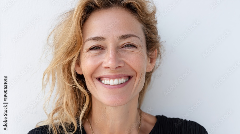 Naklejka premium Portrait of a joyful and confident Brazilian woman with blonde hair smiling outdoors.