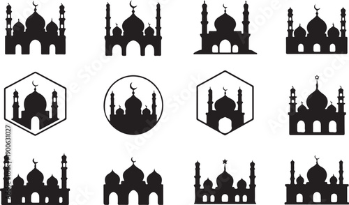 A diverse collection of elegant black silhouette mosque illustrations, perfect for religious holiday designs, cultural events, and spiritual branding