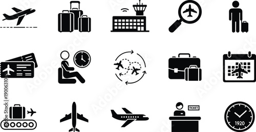Air travel and airport service icon set, airplane, luggage, boarding pass, flight schedule, terminal, passenger check in, aviation tourism, transportation symbols, vector illustration