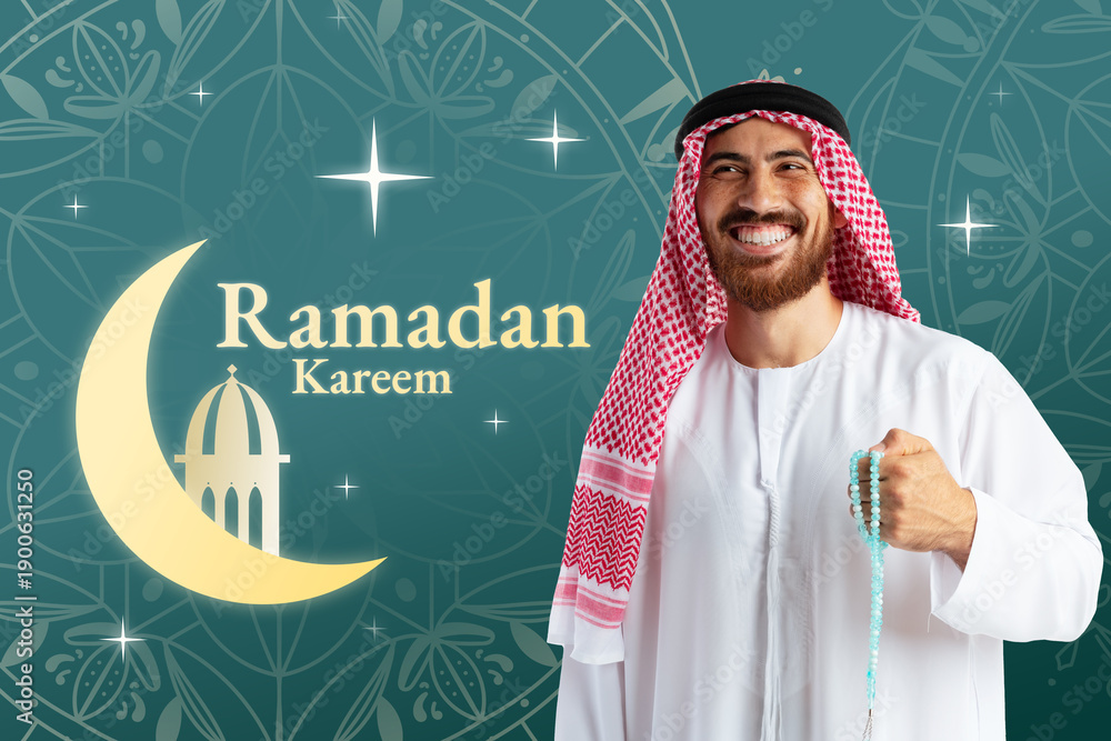 Fototapeta premium Celebration of Ramadan with a man holding prayer beads in a festive setting