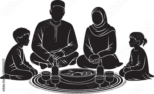 A family silhouette seated around a circular table enjoying a meal iftar together