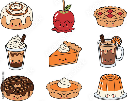 Cute dessert and sweet treat character set with cakes, pies, coffee and pudding, adorable kawaii cartoon flat vector illustration for bakery and food design