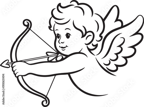 A young man dressed as a knight is holding a bow and arrow. He is flying through the air, and his wings are spread out. Concept of adventure and bravery