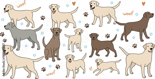 Cute dog poses illustration set with happy puppies, paw prints and playful expressions in flat vector cartoon style for pet and kids design
