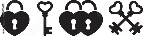 Abstract heart lock collection, love heart padlock set, heart shape key. Romantic icon concept vector illustration. Valentines day romantic heart design isolated on white