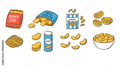 A colorful illustration of various potato chip snacks and packaging
