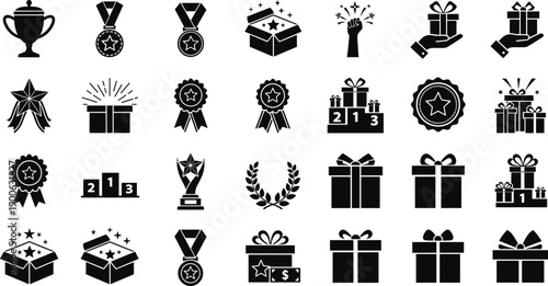 Award and reward icons set, trophy, medal, gift box, winner badge, celebration, achievement, prize ceremony, success concept, bonus reward, vector illustration